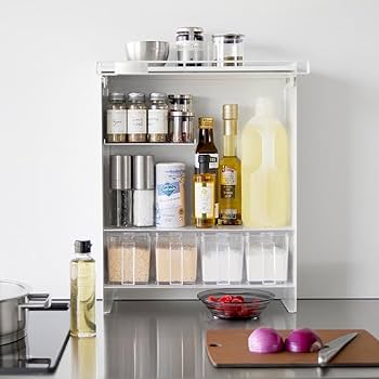 Amazon｜前が開く隠せる調味料ラック タワー 隙間収納 調味料 ホワイト