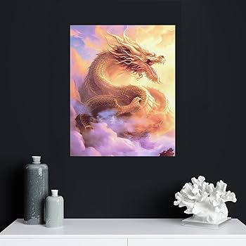 Amazon.co.jp: 絵画 雲の中の龍インテリア 絵画 超リアルな油絵 黄金