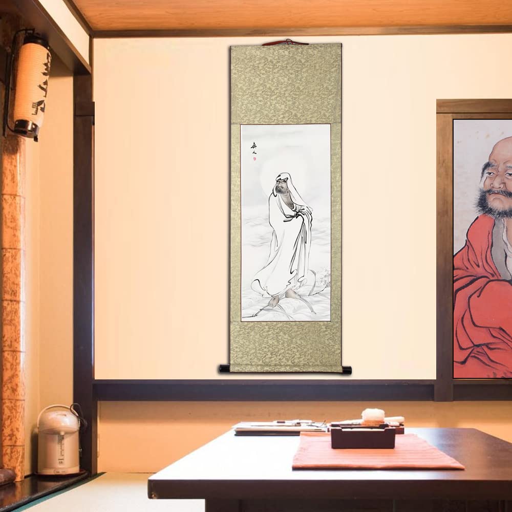 Amazon.co.jp: 肉筆 手描き 水墨画 掛け軸/達磨大師/仏画掛軸 四尺四