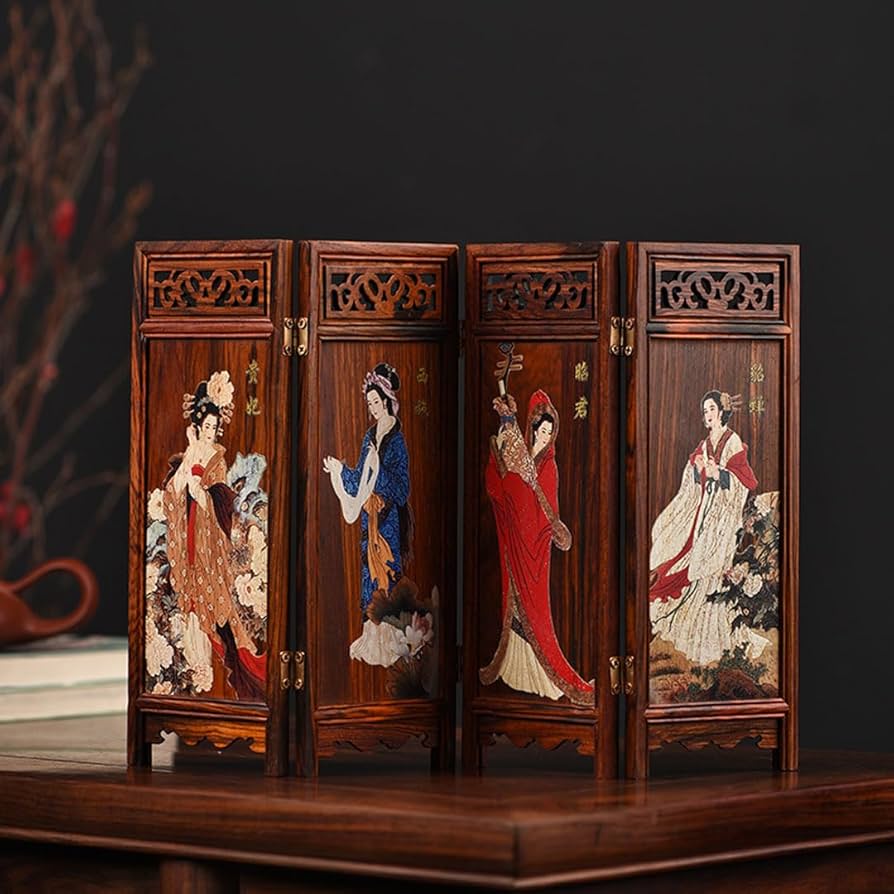 Amazon.co.jp: ミニ屏風 四曲 古代中国 四大美女シリーズ屏風 木彫り