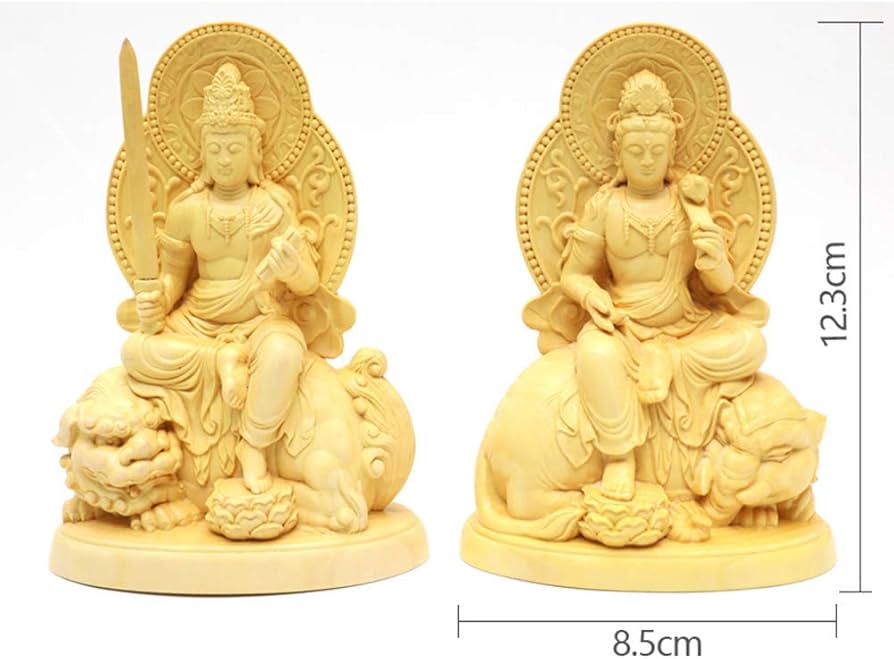 Amazon｜仏像 【文殊菩薩・普賢菩薩】 置物 柘植製高級木彫り 3.5寸