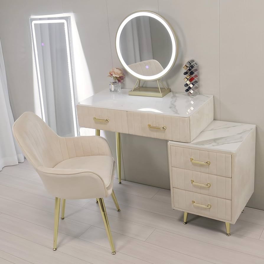 Amazon｜ドレッサー コンパクト お姫系 鏡台 化粧台収納 ベロア椅子