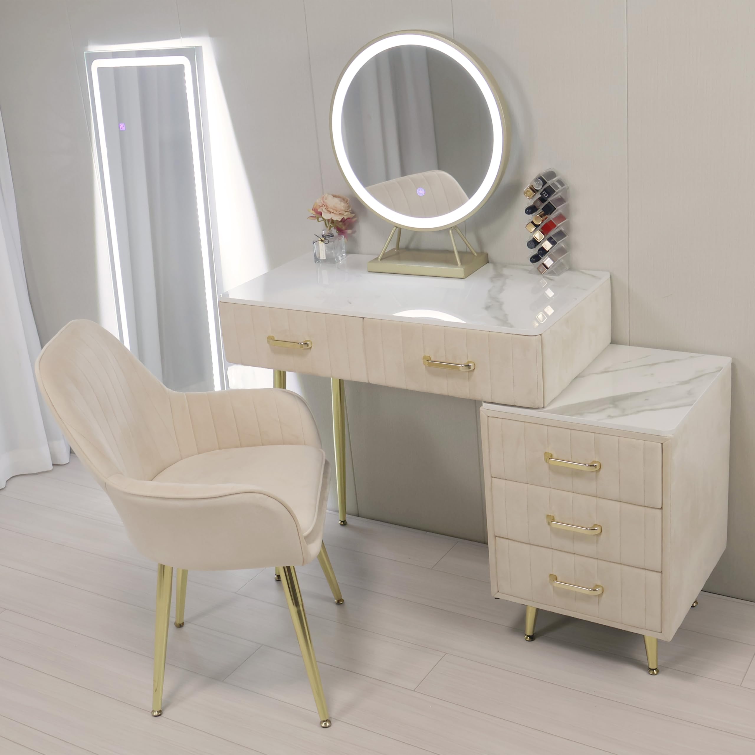 Amazon｜ドレッサー コンパクト お姫系 鏡台 化粧台収納 ベロア椅子