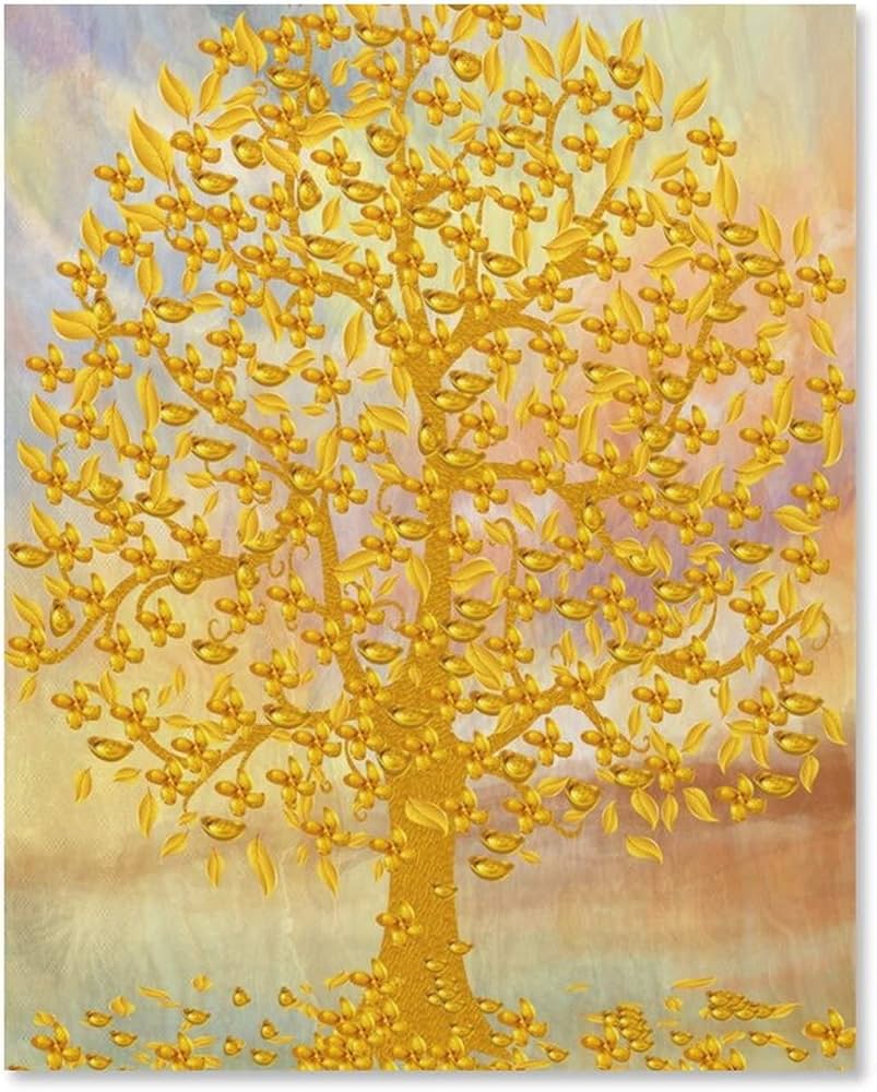Amazon.co.jp: 絵画 幸運の木風水絵 黄金の木の油絵インテリア 絵画