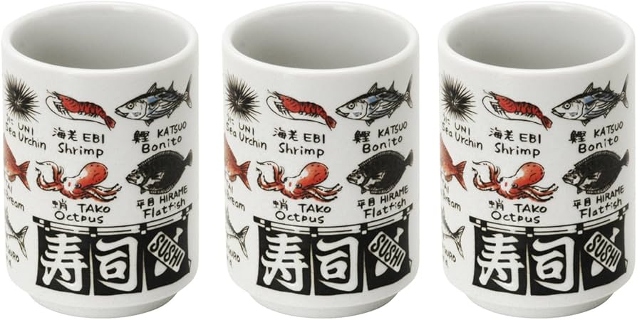 Amazon｜美濃焼 寿司湯呑 3個セット 魚英語 552-13-47E(3)｜湯呑み