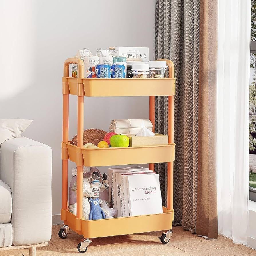 Amazon.co.jp: キッチン ワゴン 引き出し付き 3段 オレンジ キャスター