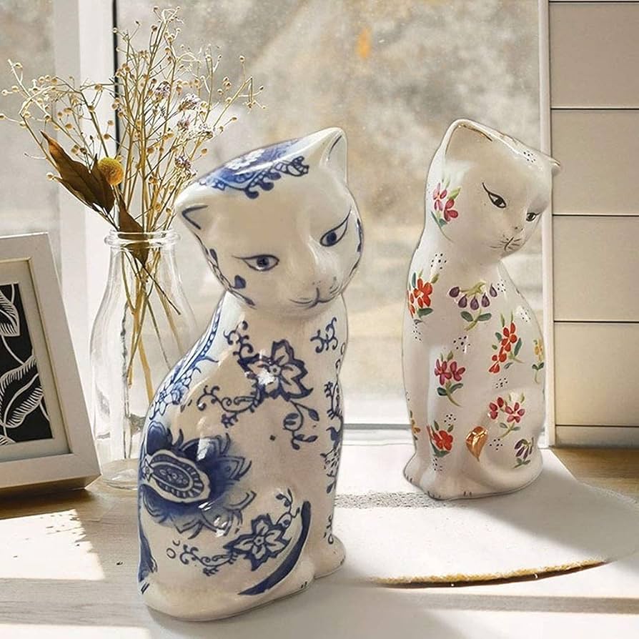 Amazon.co.jp: 置物・オブジェ 青と白の磁器猫の像の装飾品中国の