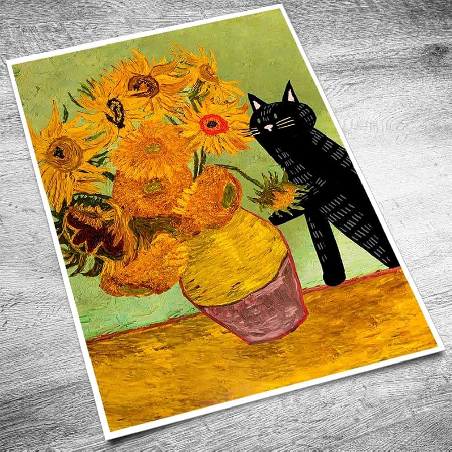 Amazon.co.jp: ヴィンテージ ゴッホ ひまわり 猫 プリント キャンバス