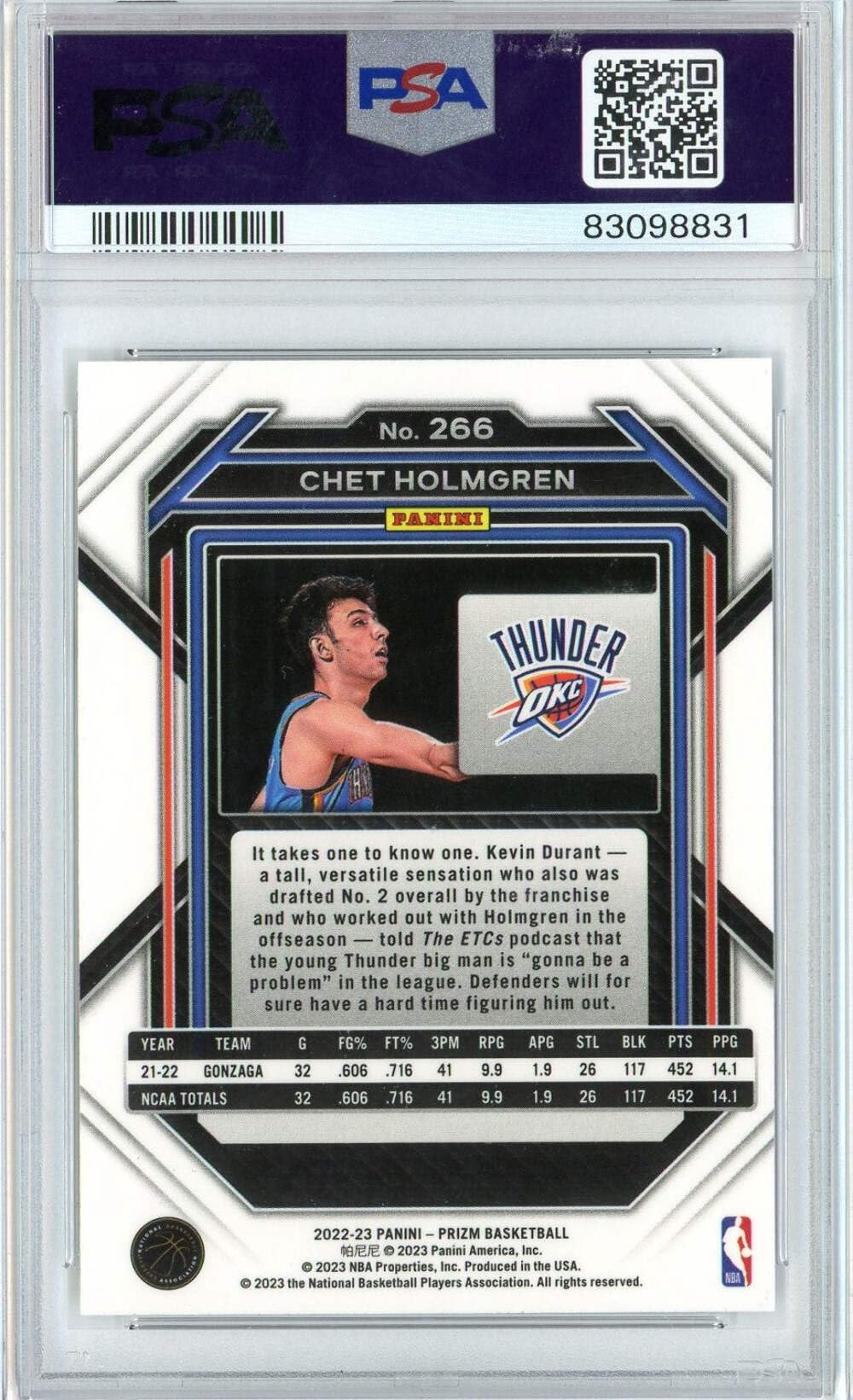 Amazon.com: Graded 2022 Panini Prizm Chet Holmgren #266 Rookie RC