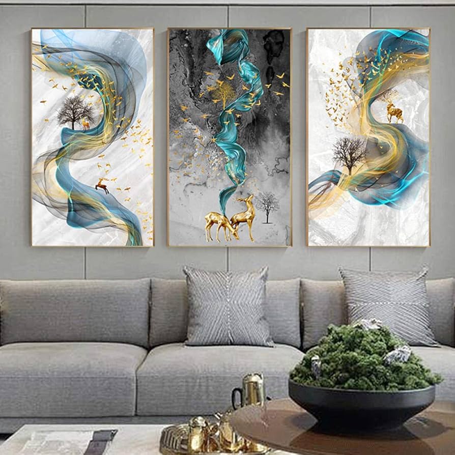 Amazon.co.jp: JSWHPゴールデンディアポスターとプリントブルー抽象壁