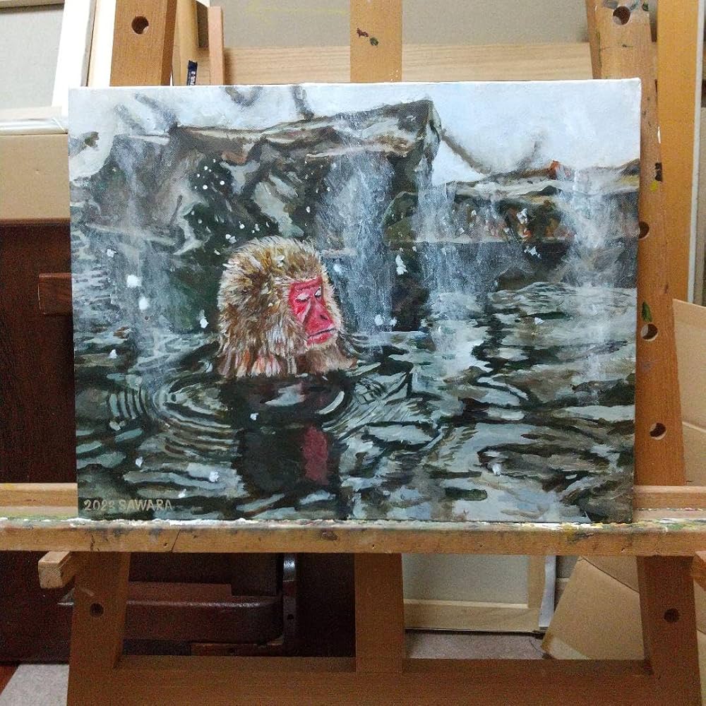 雪の温泉猿、F6号アクリル画、佐原聖春