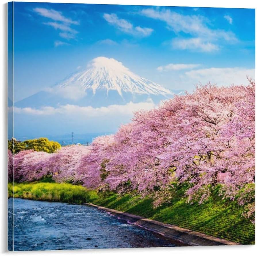 Amazon.co.jp: 絵画 富士山の前の桜と川インテリア 絵画 日本の写真