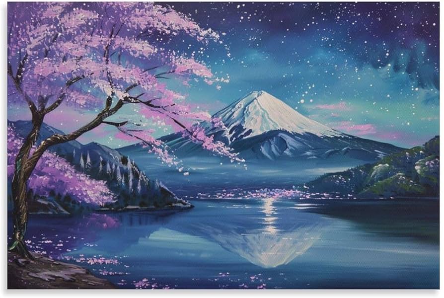 Amazon.co.jp: 絵画 富士山の星空と満開の桜 アートパネル ポスター