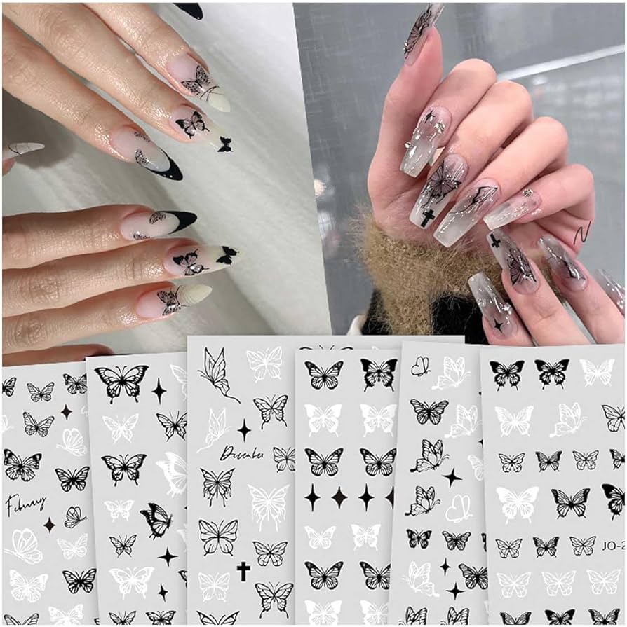Amazon.co.jp: bardsxgfg(あき) ネイルシール 6個セット 蝶 白 黒