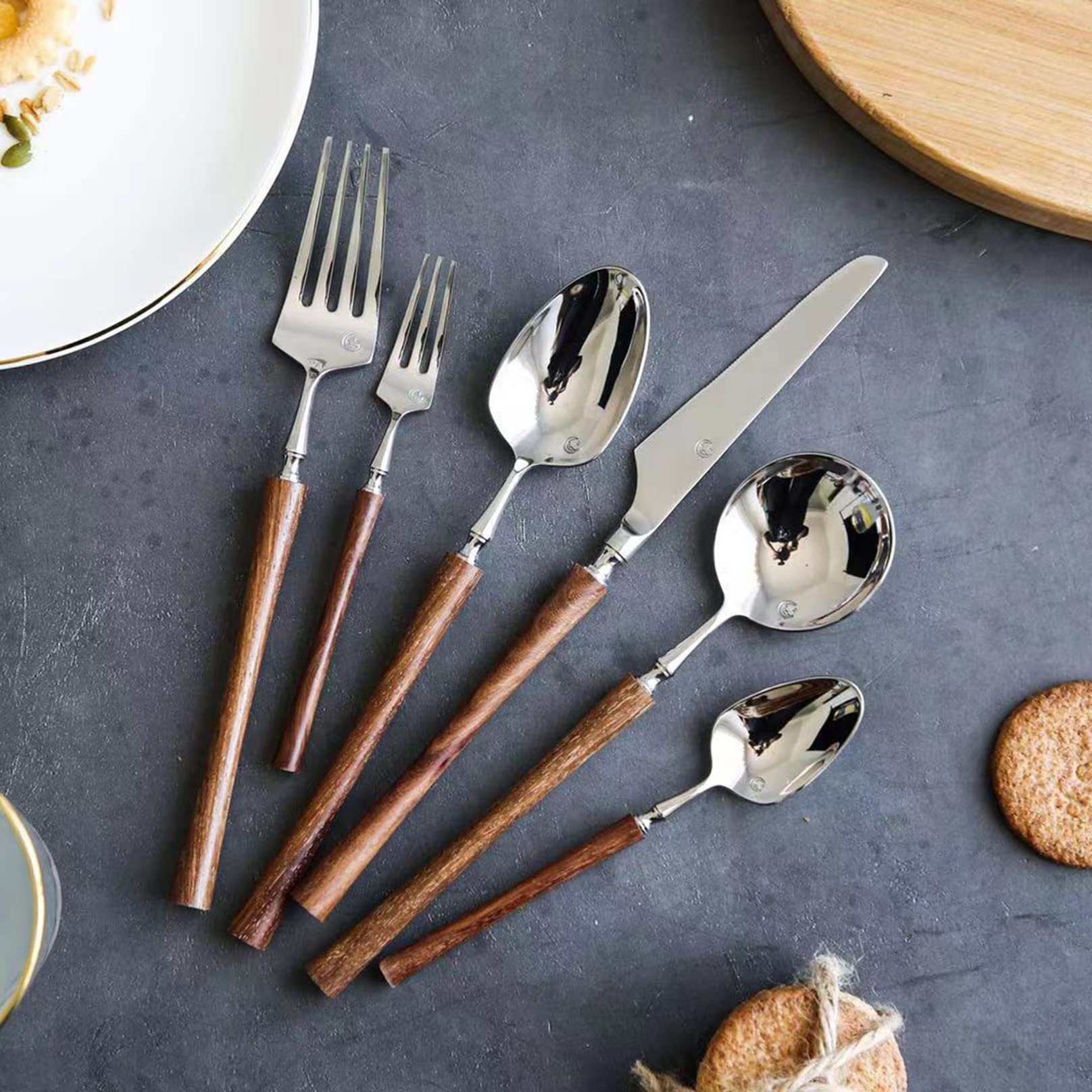 Amazon | 木製ハンドル食器6点セット ステンレススチール銀食器セット