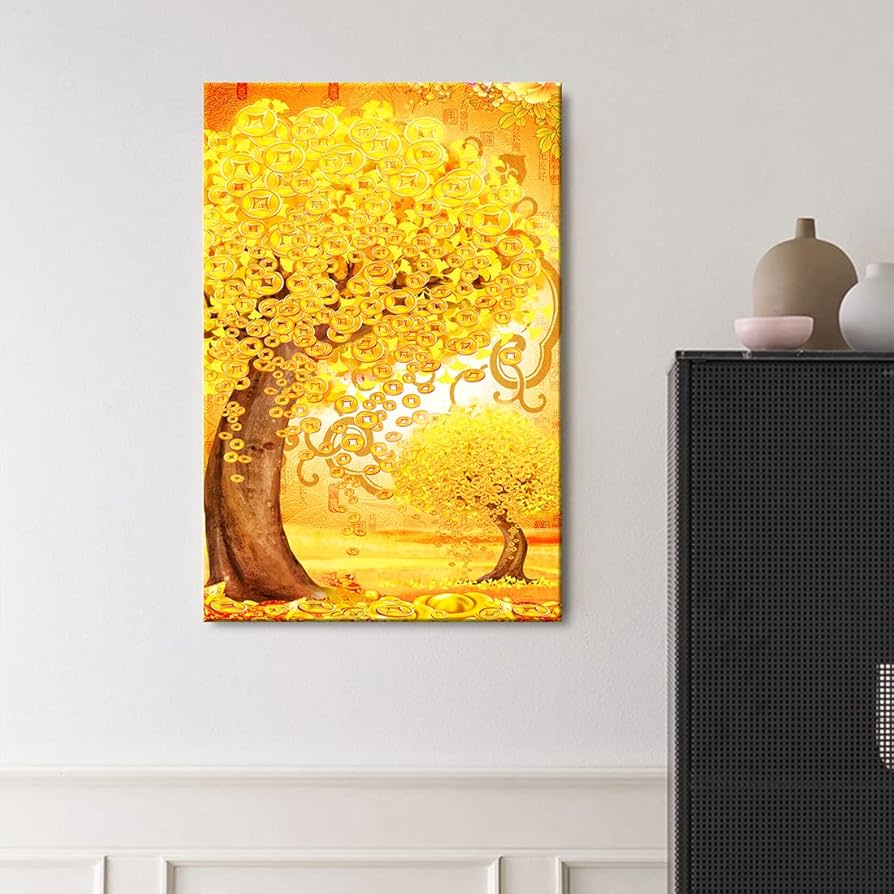 Amazon.co.jp: 黄金の幸運の木アートパネル 金のなる木壁掛け 絵画