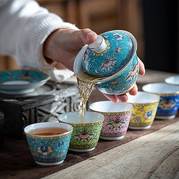 Amazon.co.jp: 中国伝統茶器カンフー茶碗蓋とソーサー付き、伝統三彩