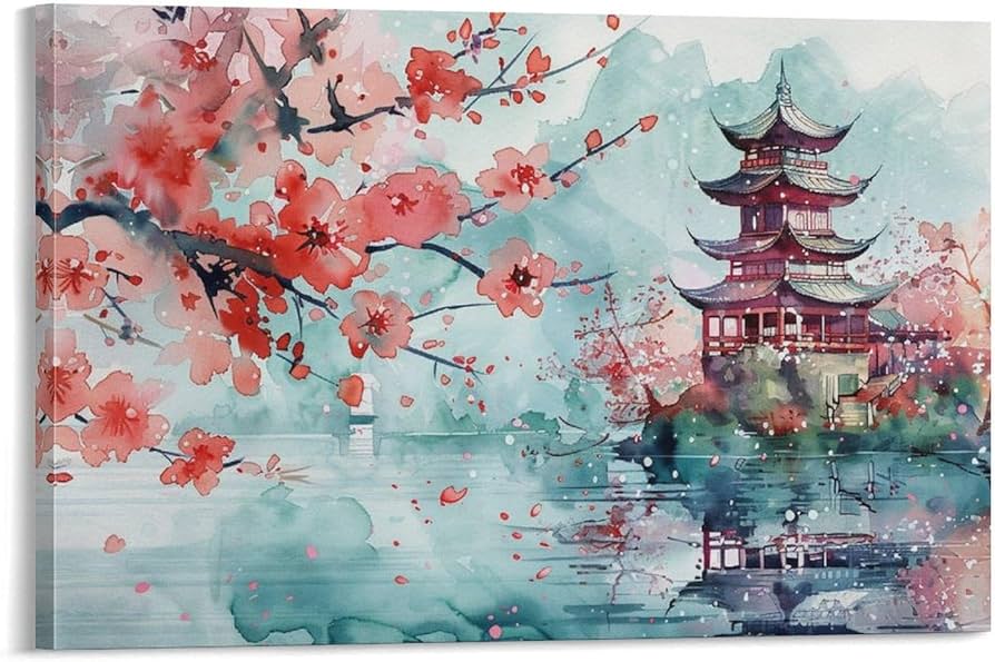 Amazon.co.jp: 絵画 水墨風塔桜の木インテリア 絵画 水墨画 美しい自然