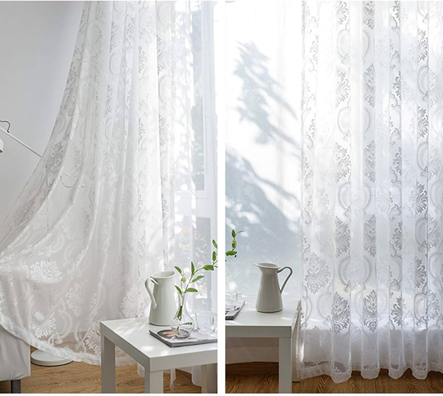 Amazon｜白 花 チュール カーテン,レース 繊細 刺繍 シアーカーテン