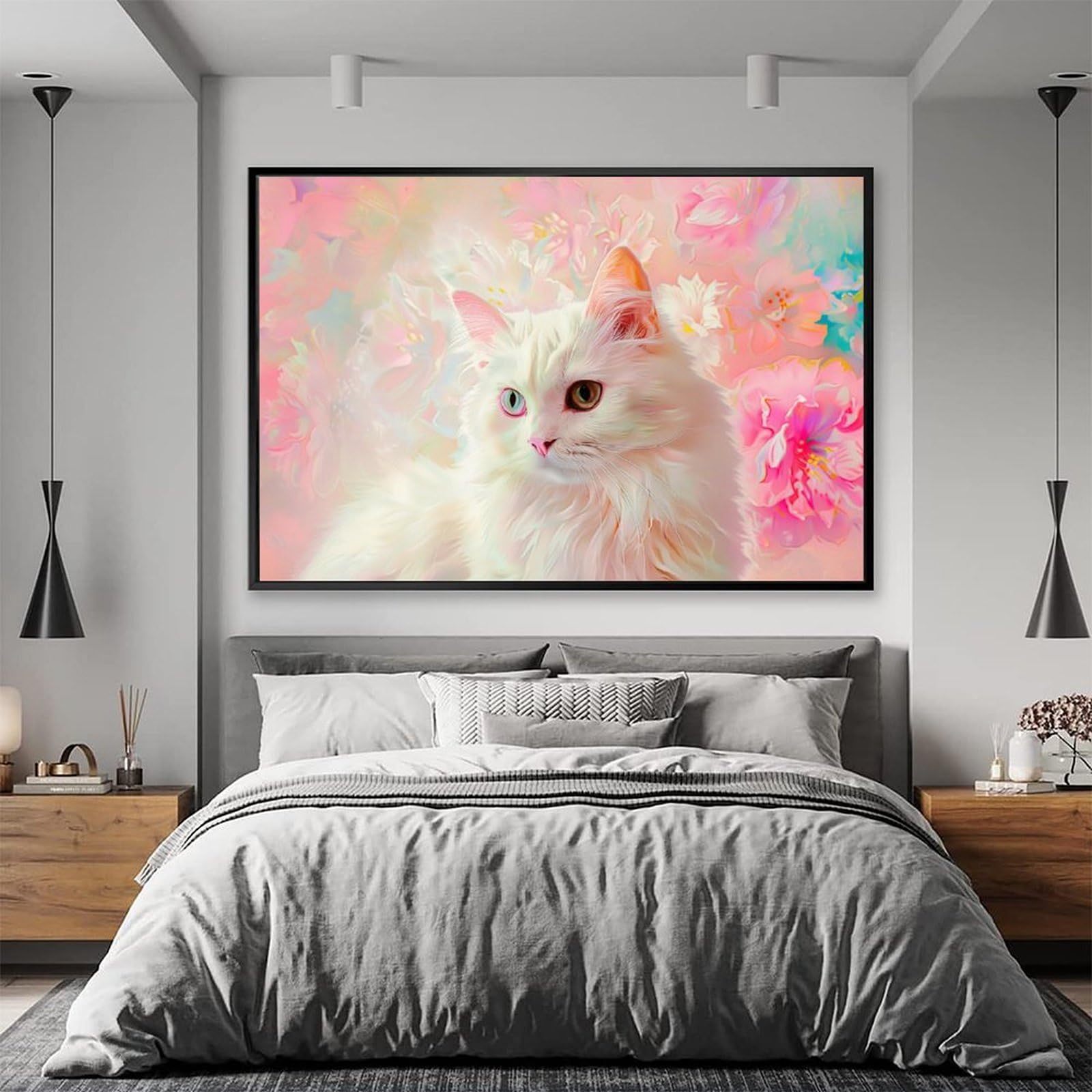 Amazon.co.jp: 絵画 ピンクの花の背景を持つかわいい白猫 アートパネル