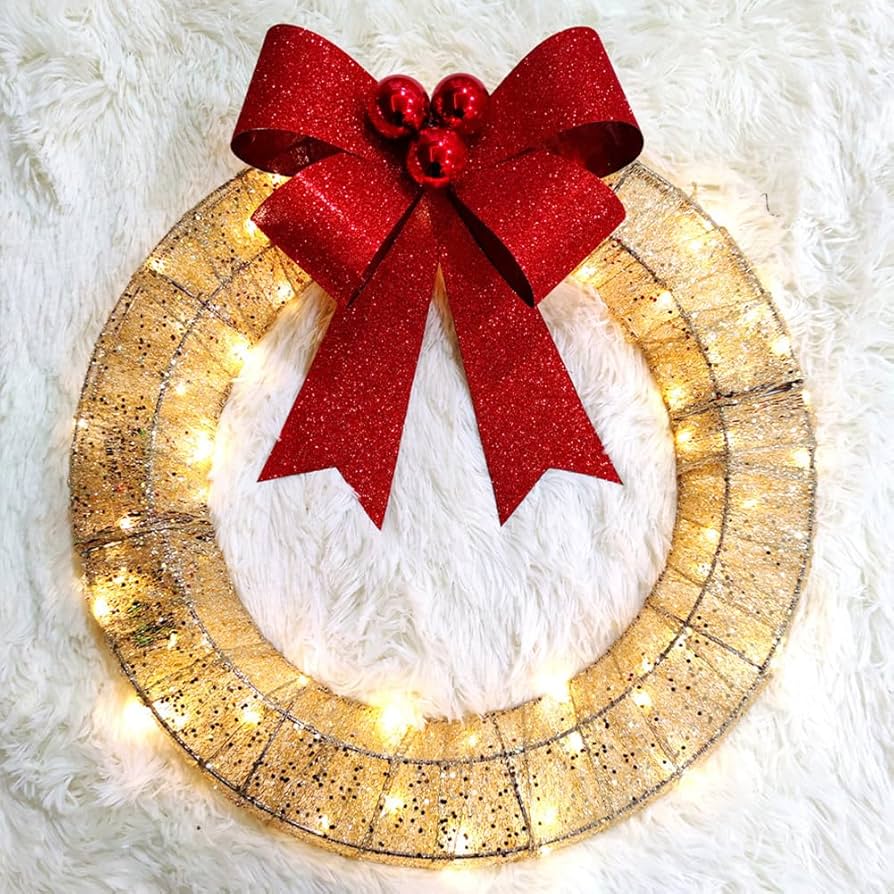 ZAOQIU Christmas Wreath with Metal Hanger, Large Red Bow and