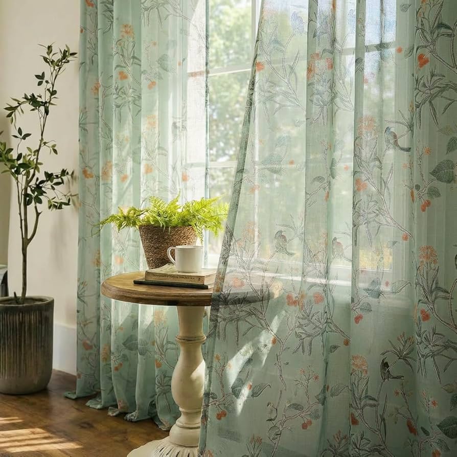 Amazon｜XTMYI セージグリーン 花柄 カーテン 春のリビングルーム用 長