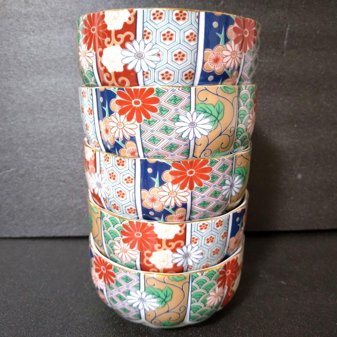 Amazon.co.jp: 有田焼 陶扇 中鉢5点セット 5枚 菊割皿 錦絵 赤絵 金彩