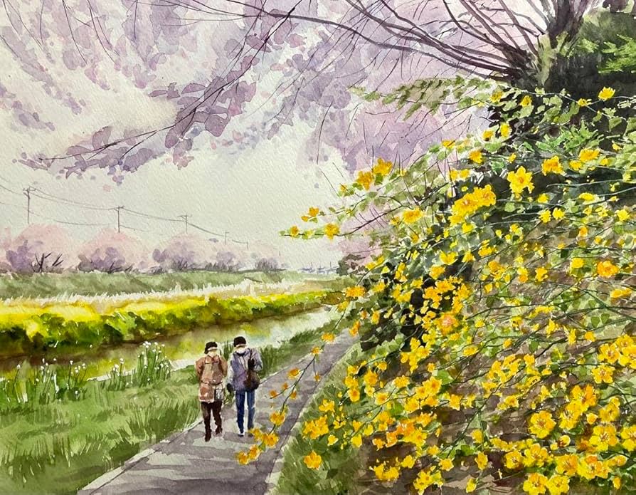 水彩画・甲斐駒ヶ岳を望むススキ野原・原画