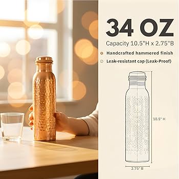 Amazon.com: Copper Water Bottle 34oz - 100% Pure Ayurvedic