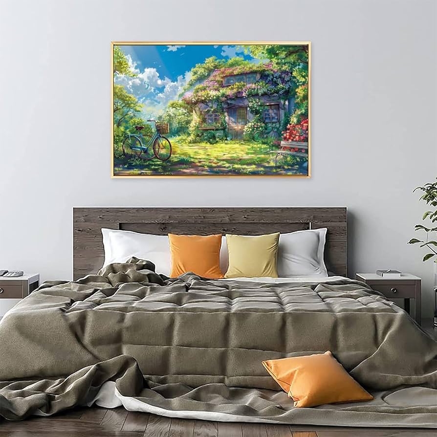 Amazon.co.jp: 絵画 花と緑の芝生に囲まれた家インテリア 絵画 のどか