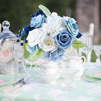 Roahosy Dusty Blue Artificial Flowers Combo, Blue and White
