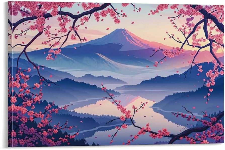 Amazon.co.jp: 絵画 富士山 桜湖 水彩画インテリア 絵画 イラスト