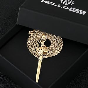 HELLOICE Sword Crown Cross Necklace 18K Gold Plated 5A CZ Stones