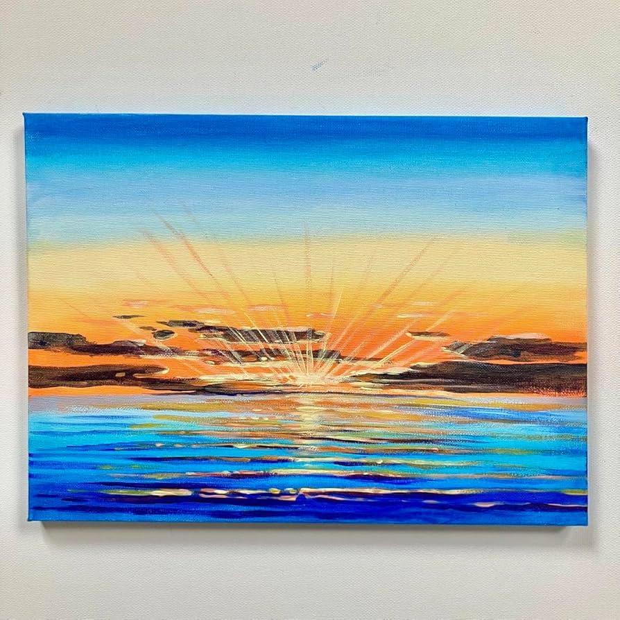 Amazon.co.jp: sunset＊4号キャンバス 絵画 原画 風景画 海 空 朝日