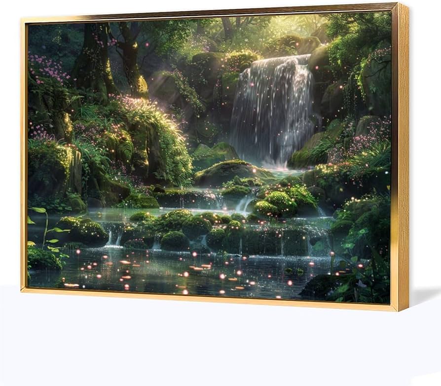 Amazon.co.jp: 絵画 苔むした岩と緑豊かな森の中の滝 アートパネル