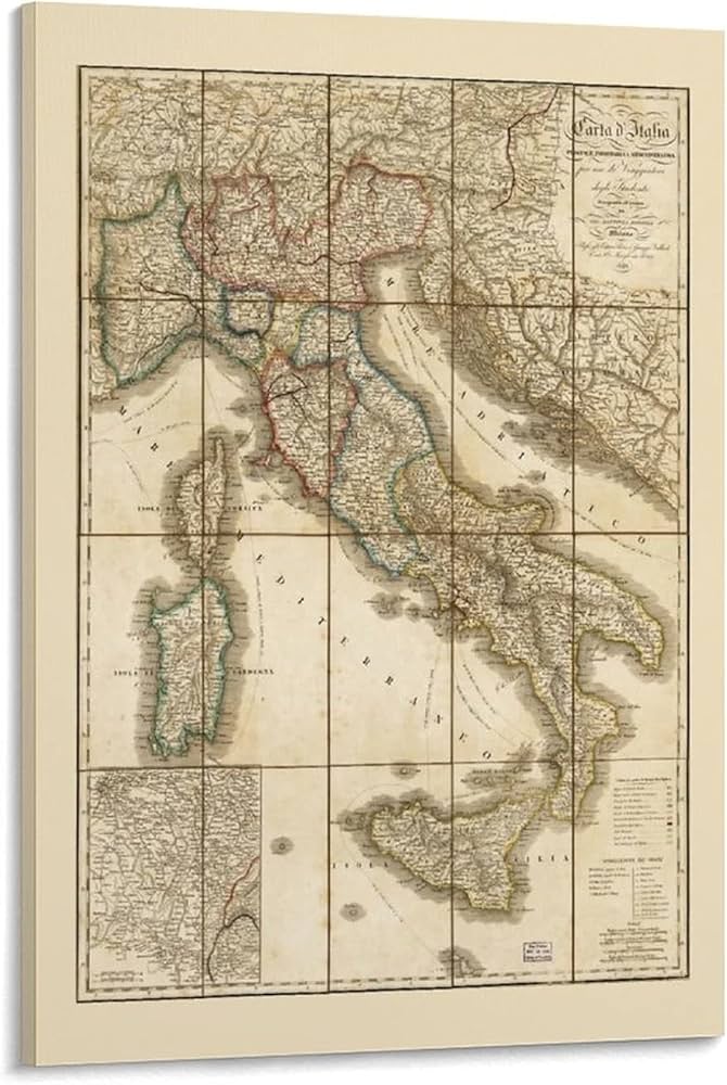 Amazon｜イタリア1851年のヴィンテージ地図インテリアアートポスター