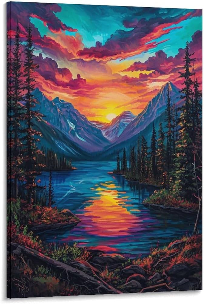 Amazon.co.jp: 絵画 夕方の山、湖、森の静かで美しい風景インテリア