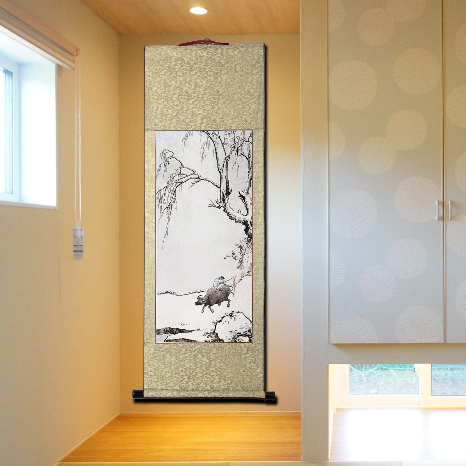 Amazon.co.jp: 肉筆 手描き 水墨画 掛け軸/牧童/山水画 掛軸 四尺四