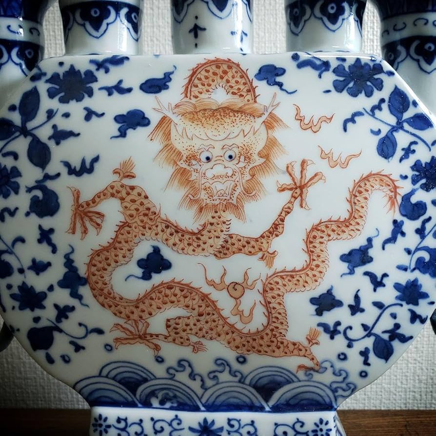 Amazon.co.jp: 大清乾隆年製 五連多口花瓶 染付 龍紋 中国 花器 花生