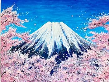 Amazon.co.jp: 花の絵 風景画 桜 富士山 アクリル画 原画 桜吹雪の