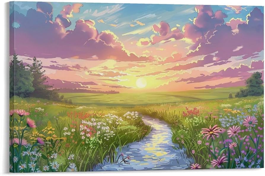 Amazon.co.jp: 絵画 夕暮れ時のフィールドクリーク アートパネル