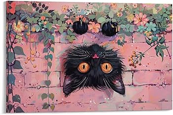 Amazon.co.jp: 絵画 ピンクの壁に逆さまにぶら下がっている黒猫 アート