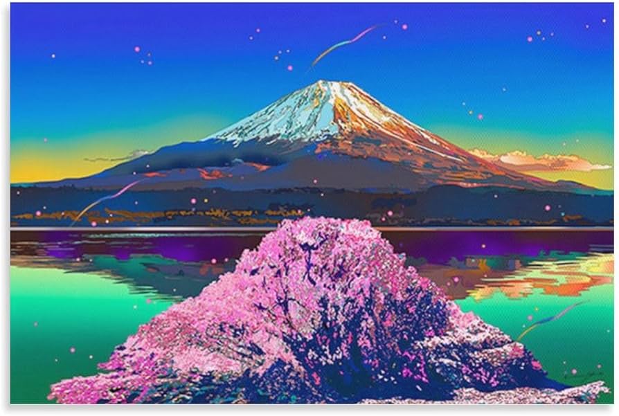 Amazon.co.jp: 鈴木英人《湖畔の桜富士》ポスター ウォールアート 部屋