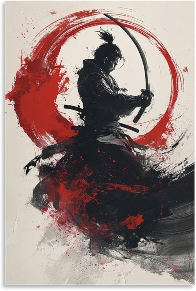 Amazon.co.jp: 絵画 剣を持った日本の武士 アートパネル ポスター 赤い