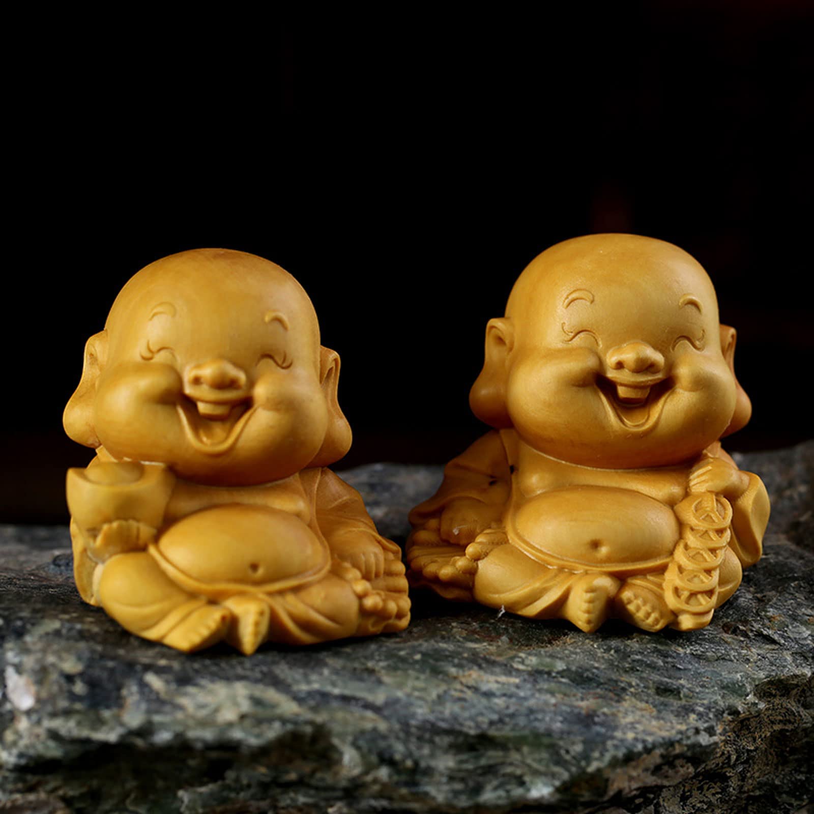 Amazon.co.jp: ミニ 可愛い 布袋様の置物 高級天然ツゲ木彫り【2点
