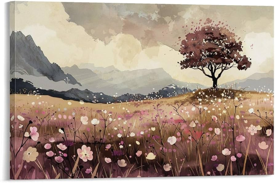 Amazon.co.jp: 絵画 山のふもとの野原と花と木々インテリア 絵画 植物