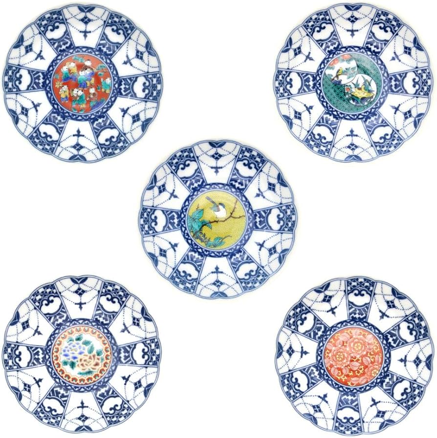 Amazon | （在庫限り）九谷焼 青風窯 4号皿揃 （5枚セット） 瓔珞紋