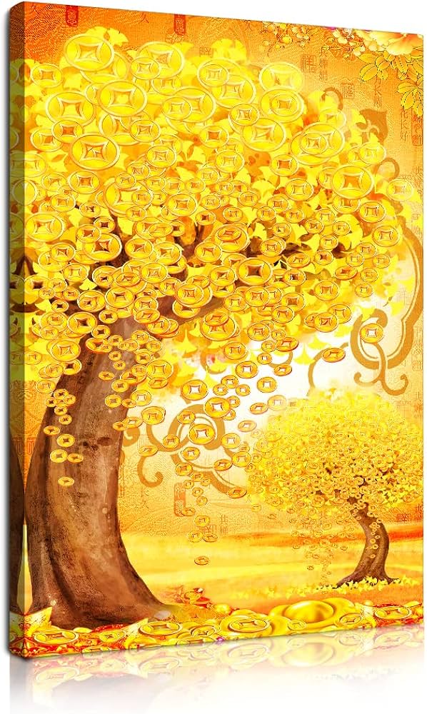 Amazon.co.jp: 黄金の幸運の木アートパネル 金のなる木壁掛け 絵画