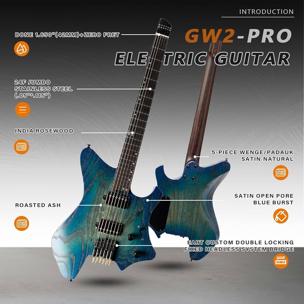 EART GW2-Pro Headless Electric Guitar fixed Bridge for Travel