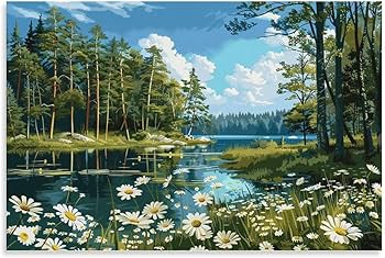 Amazon.co.jp: 絵画 森の湖と野生の花 アートパネル ポスター 魅力的な